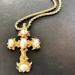 1980s Pearl Cross Crucifix Pendant Large @ 3.5", 24" Long Gold Rope Necklace 5mm